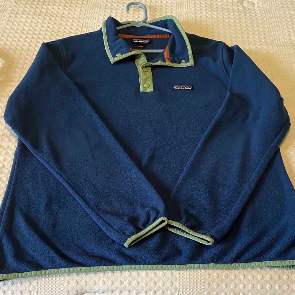 Patagonia Men's Blue and Green lightweight fleece Micro D Snap-T pullover